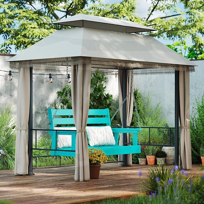 IVY&LANE Outdoor Porch Swing | HDPE Plastic | 2-Person | Hanging Bench Swings | Weatherproof | 4 Stainless Steel Chains | Aqua | for Outside Patio Garden Backyard Tree