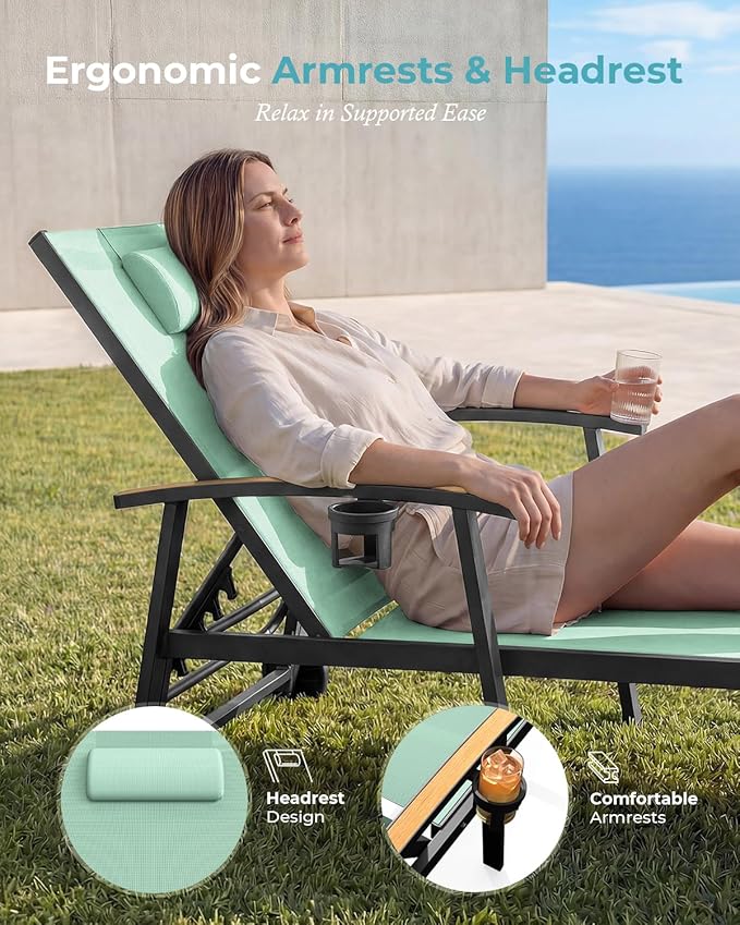 Ciokea Outdoor Lounge Chair with Pillow, 5-Position Aluminum Chaise Lounge with Wheels & Armrests, 400 lbs Heavy Duty Patio Pool Chair for Deck, Backyard, Beach & Poolside, Light Green