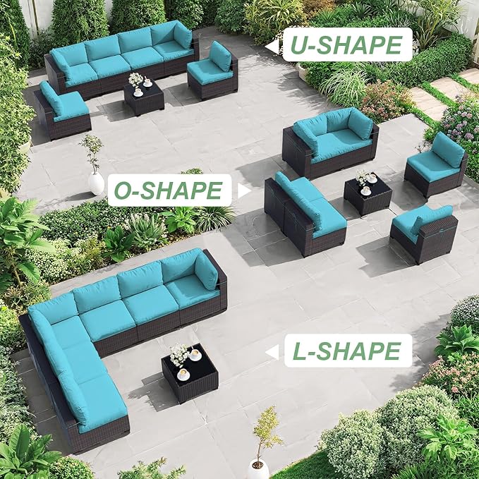 ALAULM Patio Furniture Set with Coffee Table, 7 Pieces Outdoor Sectional with Wide Seat and Thick Cushion, All Weather Wicker Rattan Conversation Set for Backyard, Garden, Deck, Turquoise