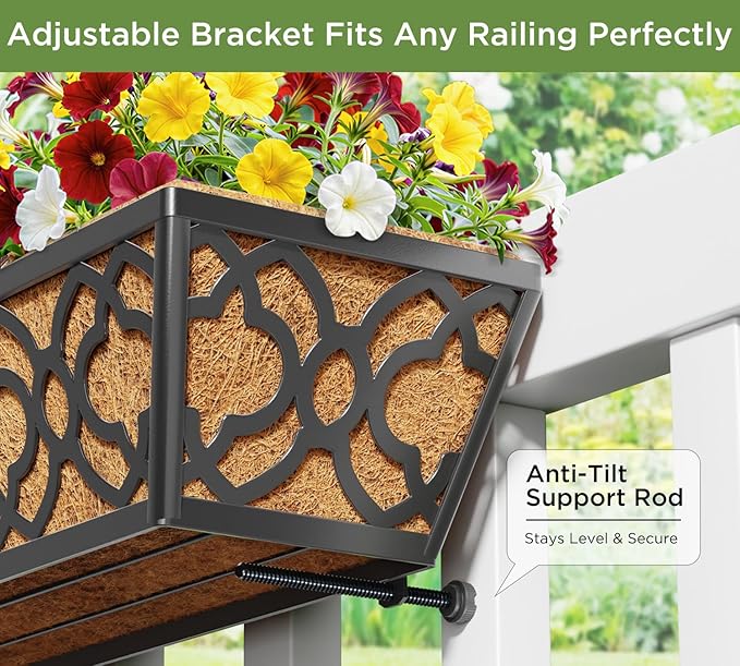Y&M 6pcs 24 Inch Window Deck with Coco Liner, Fence Metal Hanging Flower Planter Window Basket Deck Railing Planter Boxes for Outdoor Garden Lawn