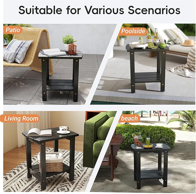 2-Tier Adirondack Side Table 17" with Double Shelf, Easy Assembly Solid Wood End Table,Outdoor & Indoor Small Table for Living Room,Patio, Poolside, Porch - Weather Resistant Black