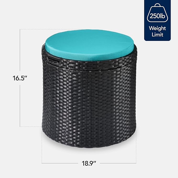 Best Choice Products Round Wicker Ottoman, Multipurpose Outdoor Furniture for Patio, Backyard, Additional Seating, Footrest, Side Table w/Storage, Removable Cushions – Black/Teal
