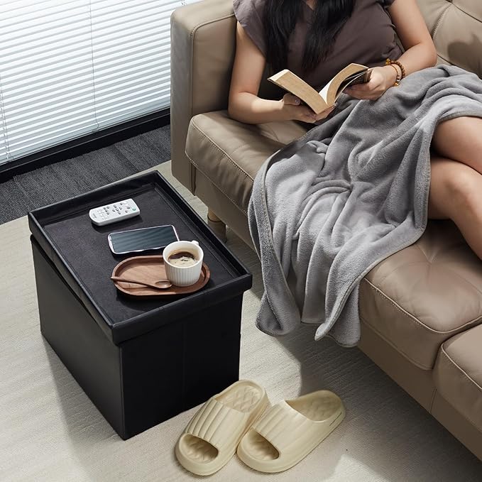 AmasSmile Storage Ottoman Folding Foot Rest Stool, Leather Footstool Bench, Short Ottoman Stool, Storage Foot Rest Store, Books (Black-2pc, 17" D x 13" W x 13" H)
