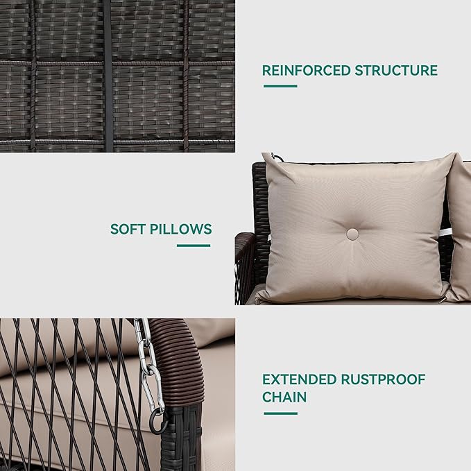 YITAHOME 3-Seats Front Porch Swing with Cushion Hanging Wicker Swing Rattan Patio Swing Lounge Swing Chair Hammock for Garden, Balcony, Deck