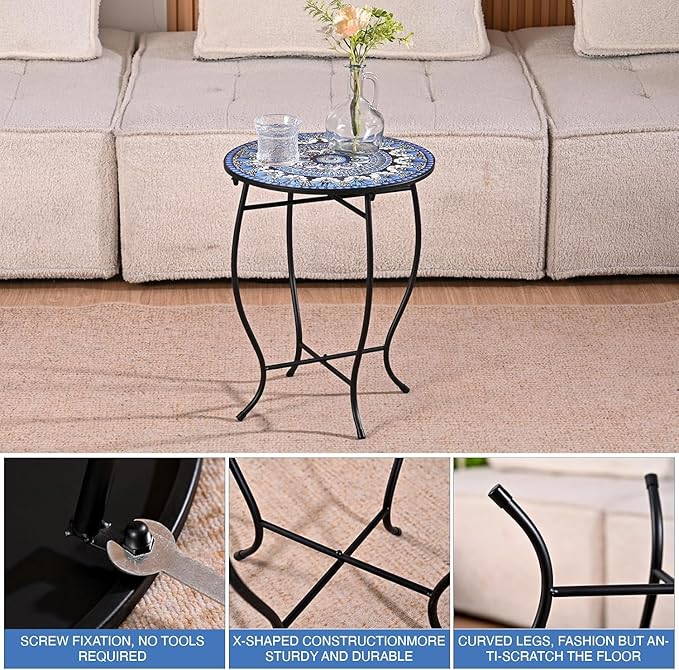 Metal Round Side Table, Weather Resistant Patio Accent Table for Indoor Outdoor Use, 14”Plant Stand for Flower Pots Vase Home Decor, Easy Assemble