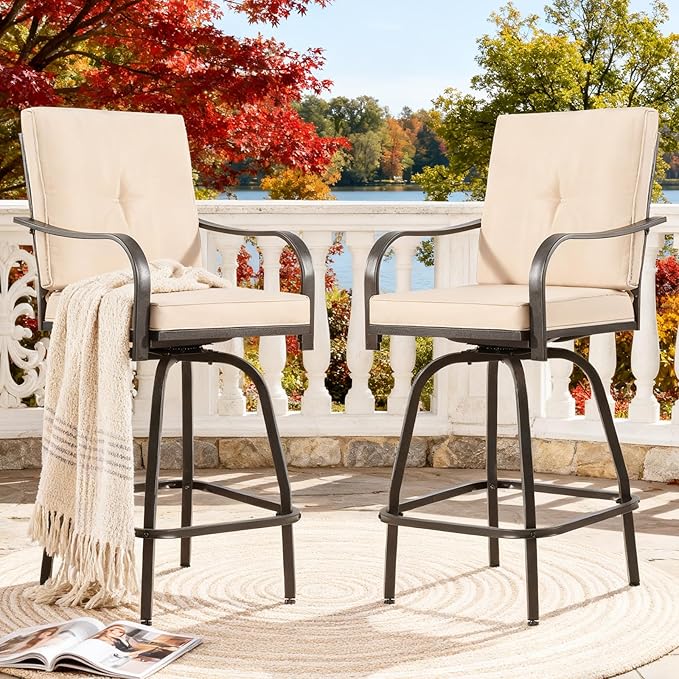 Outdoor Swivel Bar Stools Set of 2,Bar Height Patio Chairs with Cushions and High Backrest, All Weather Patio Bar Stools Furniture for Bistro Lawn, Pool, Garden and Backyard,Light Brown