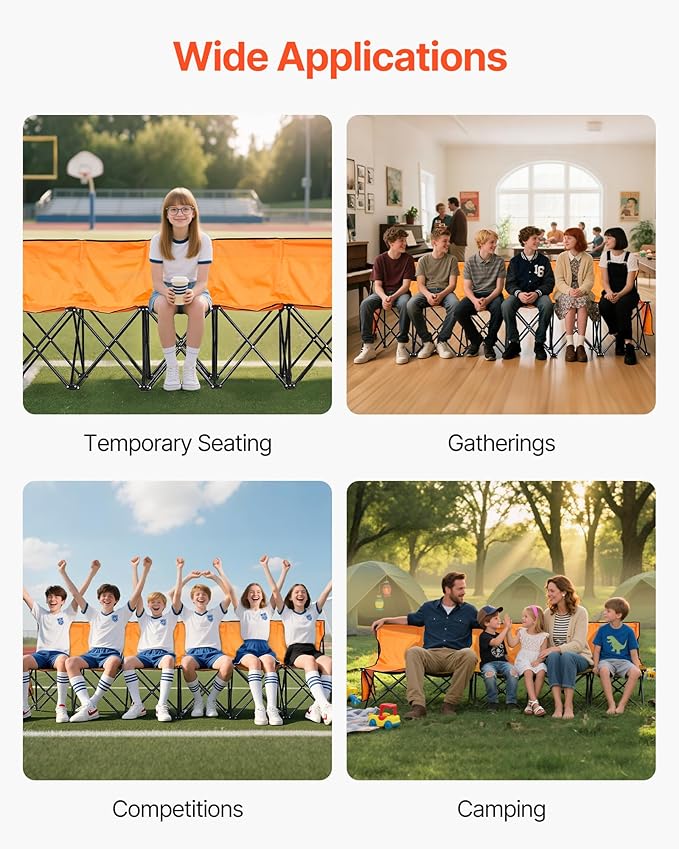 VEVOR Portable Folding Bench, 6 Seat Foldable Soccer Bench with Side Pockets and Carrying Bag, Lightweight Sideline Seating with Back Rest for Football, Baseball, Camping, Outdoor Events, Orange