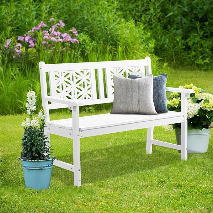 VINGLI 47" Outdoor Wood Bench, All Weather Outdoor Wooden Patio Garden Bench, Outside Loveseat 660lbs Capacity for Front Porch Park Entryway (White)
