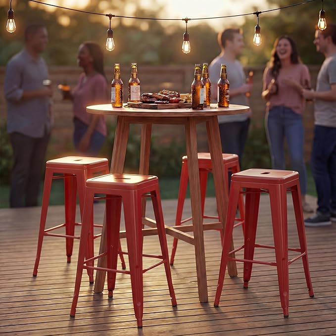 Shahoo 24 Inches Metal Bar Stools Counter Height Stackable Backless Stools, Industrial Patio Stools Indoor Outdoor Metal Kitchen Stools Set of 4 (Red, 24'')