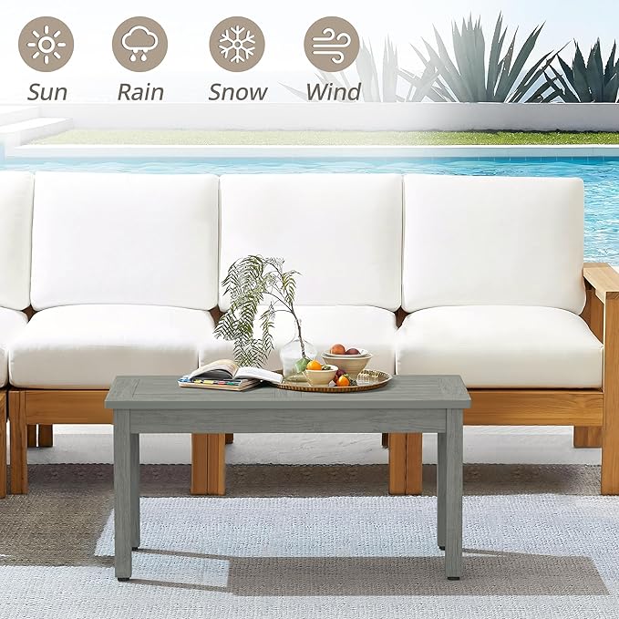 LUE BONA Outdoor Coffee Table Rectangle, 42.5" HDPS Patio Coffee Tables for Outside, All Weather Patio Coffee Table with Slatted Tabletop for Deck, Garden, Balcony, Indoor or Outdoor Use, Light Gray