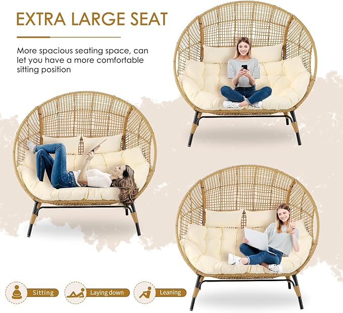 NICESOUL® Double Egg Chair Indoor Outdoor Stationary Oversized 6.5" Thick Padded Cushions,2 Person Egg Wicker Loveseat Chair,680 lbs Extra Large Lounge Chair for Patio Balcony Porch Backyard Beige