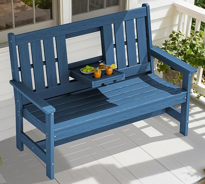 SERWALL Outdoor Bench with Cup Holder, 58" HDPE Front Porch Bench Suitable for 3 Person, All Weather Patio Benches with High Backrest and Wide Armrests for Garden, Park, Yard, Navy