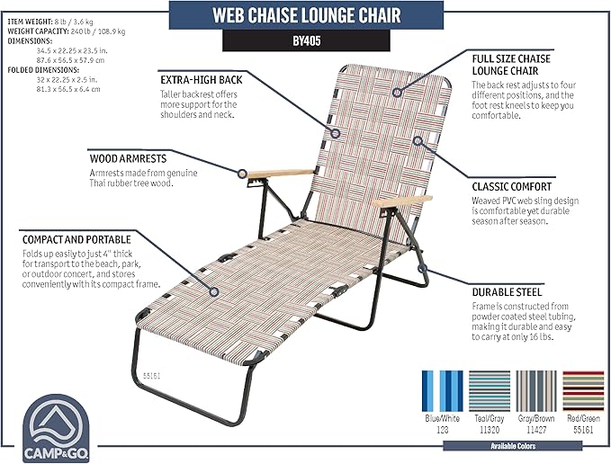 Camp & GO 4-Position Folding Web Lawn Chair Outdoor Lounger, Blue/White undefined/White