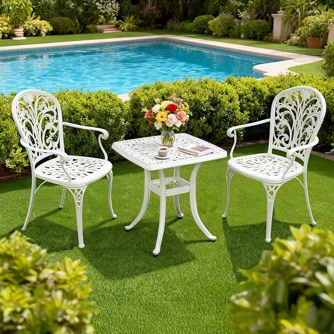 VINGLI 21” Cast Aluminum Outdoor Side Table with 1.6” Umbrella Hole, All Weather Square Patio Coffee Table Bistro Table End Table for Yard Porch Poolside(White)…