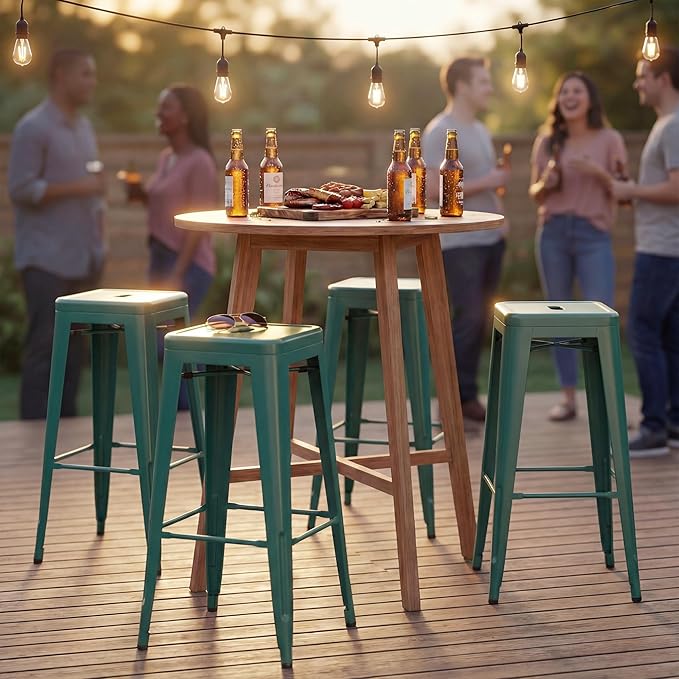 Shahoo 30 Inches Metal Bar Stools Counter Height Stackable Backless Stools, Industrial Patio Stools Indoor Outdoor Metal Kitchen Stools Set of 4 (Green, 30'')