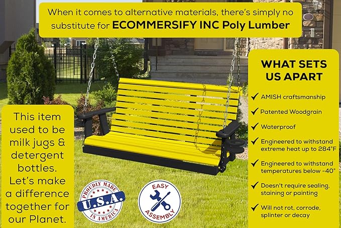 Poly Lumber Wood 5FT Porch Swing Amish Craftsmandship Made in USA HDPE with No wood fibers and 1000 lbs Limit. Stainless Steel Hardware.Signature Rollback design for Patio Outdoor Backyard Garden Park