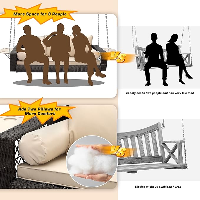 Grepatio Wicker Hanging Porch Swing - Outdoor 3 Person Patio Swing Bench with Cushion & Chains - 3-Seat Porch Swing Chair with Cup Holder for Garden, Yard, Lawn (Khaki Brown Rattan)
