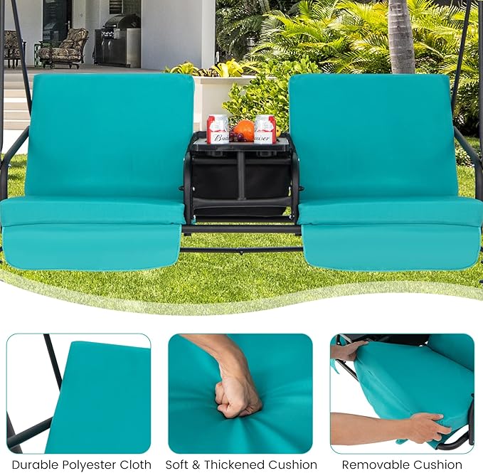 Tangkula 2 Person Porch Swing, Pivot Storage Table, Cooler Bag, 2 Cup Holders, Removable Cushions, Outdoor Patio Swing with Canopy for Backyard Balcony Poolside (Turquoise)