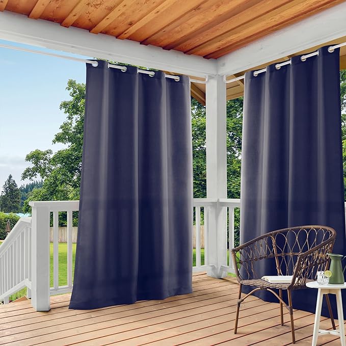 TOWN & COUNTRY BASICS Cabana Solid Heavyweight Indoor Outdoor Curtains, Light Filtering Opacity with Grommet Top, Water Repellent, 2-Pack Set, 54"x108", Dark Navy