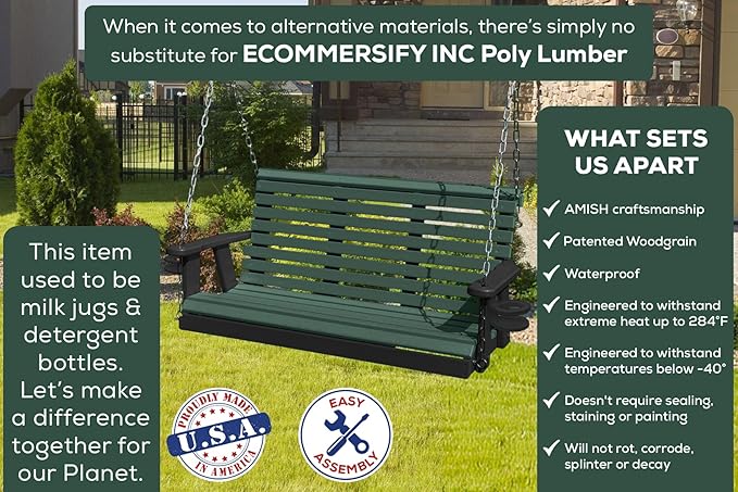 Poly Lumber Wood 5FT Porch Swing Amish Craftsmandship Made in USA HDPE with No wood fibers and 1000 lbs Limit. Stainless Steel Hardware.Signature Rollback design for Patio Outdoor Backyard Garden Park