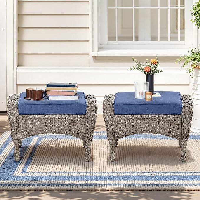 Belord Outdoor Ottomans for Patio Foot Rest - 25 Inch PE Wicker Foot Stool Set of 2 with Removable Cushions for Patio Furniture Sets,All Weather Rattan Ottoman for Balcony Deck Backyard Brown