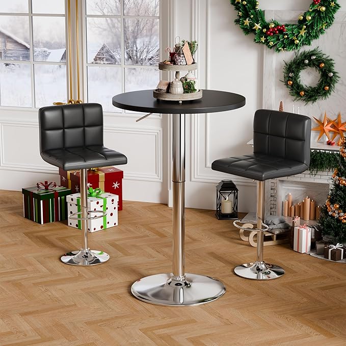 Flamaker Round Bistro Pub Table 23.6 Inch Height Adjustable 360° Swivel Bar Table Metal Base for Pub, Dining Room, Party (4, Black-Silver)