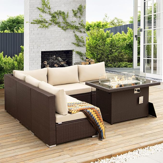 NICESOUL 6 Piece Patio Furniture Set with Firepit, 29.3'' High-Back Outdoor Sectional with Fireplace Natural Gas Propane Convertible, Comfy Deep Wide Seating Conversations for Outside, Brown