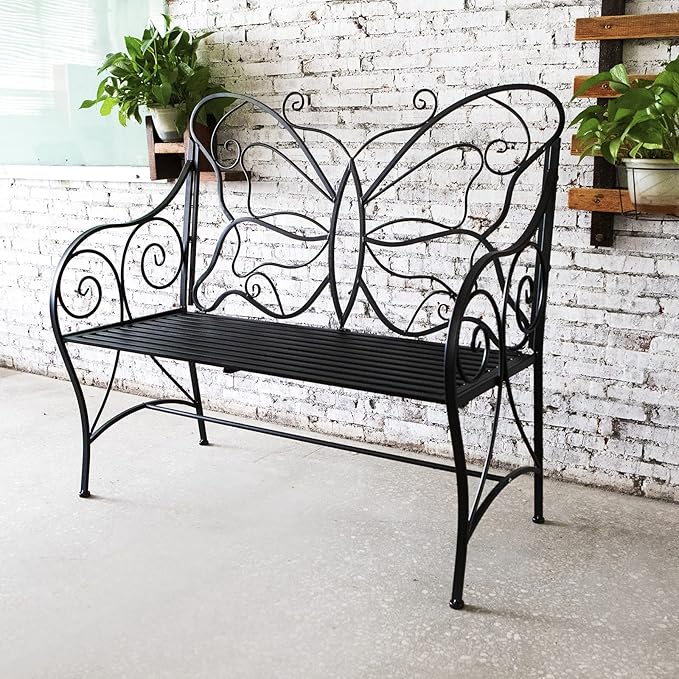 HLC Outdoor Bench Outdoor Sturdy Rust-Resistant Bench Butterfly Cast Iron with Armrests Park,Yard, Patio, Porch, Lawn Double Seats