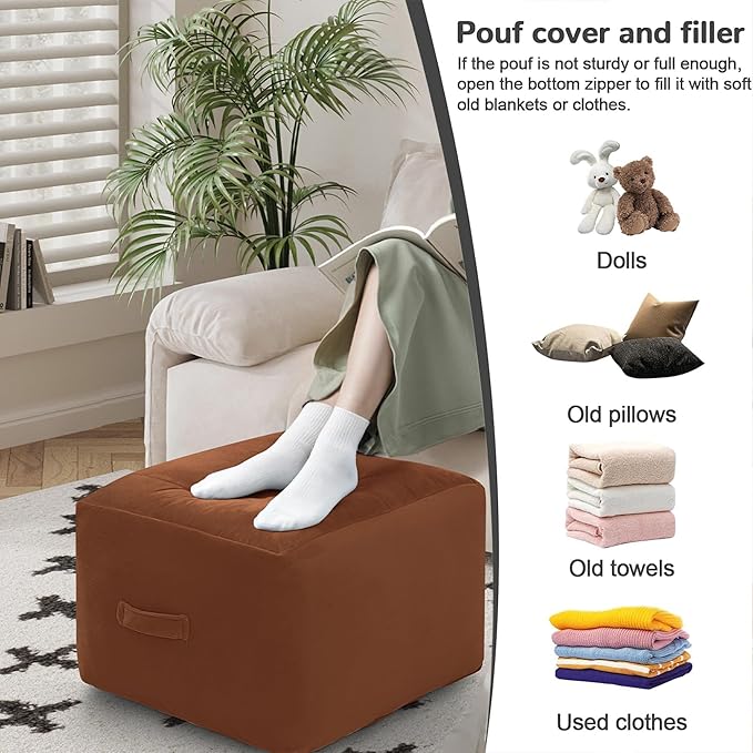 MeMoreCool Square Stuffed Pouf Ottoman Foot Rest, Floor Pouf Foot Stool with Foam Chunk Filling, Soft Stuffed Ottoman Footrest for Living Room, Coffee