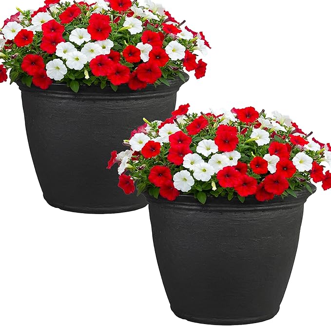 Sunnydaze 20-Inch Anjelica Large Plastic Pot for Plants - Outdoor Double-Walled Large Plastic Planter with Drillable Drainage Holes - Matte Black - 2pk