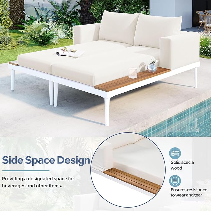 Polibi Patio Metal Daybed with Wood Topped Side Spaces for Drinks,Modern Outdoor Daybed 2 in 1 Padded Chaise Lounges for Poolside, Balcony, Deck,Beige