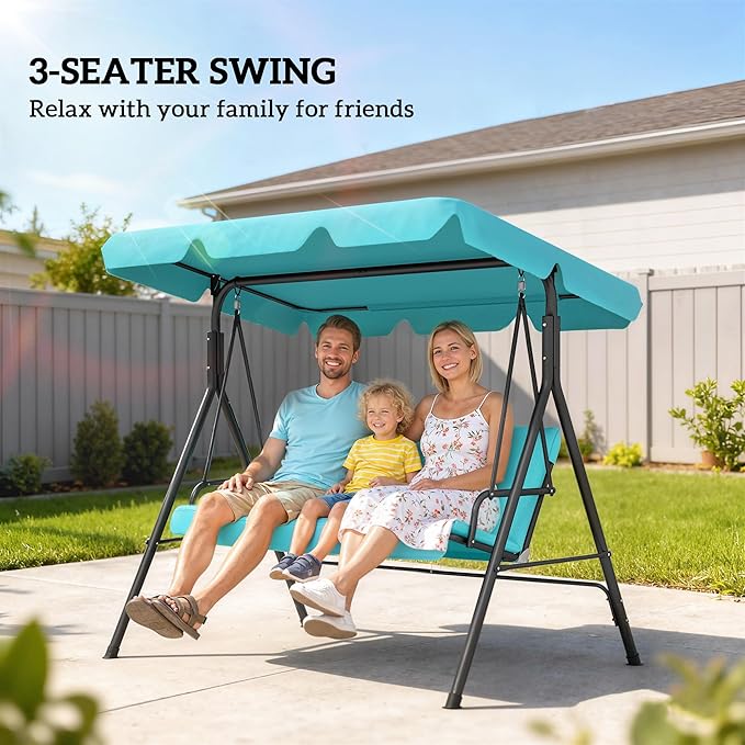Outsunny 3-Seat Outdoor Patio Swing Chair with Removable Cushion, Steel Frame Stand and Adjustable Tilt Canopy for Patio, Garden, Poolside, Balcony, Backyard, Green