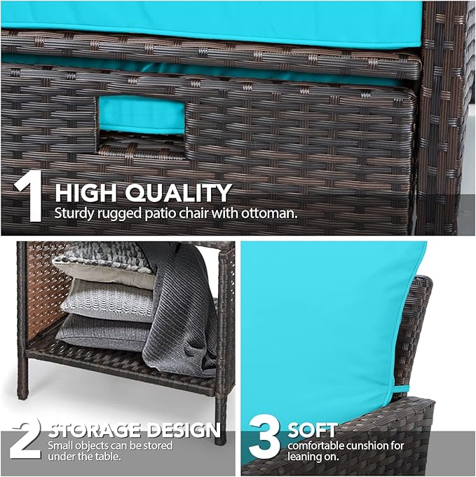 LEVELEVE Balcony Furniture 5 Piece Patio Conversation Set, PE Wicker Rattan Outdoor Lounge Chairs with Soft Cushions 2 Ottoman&Glass Table for Porch, Lawn-Brown Wicker