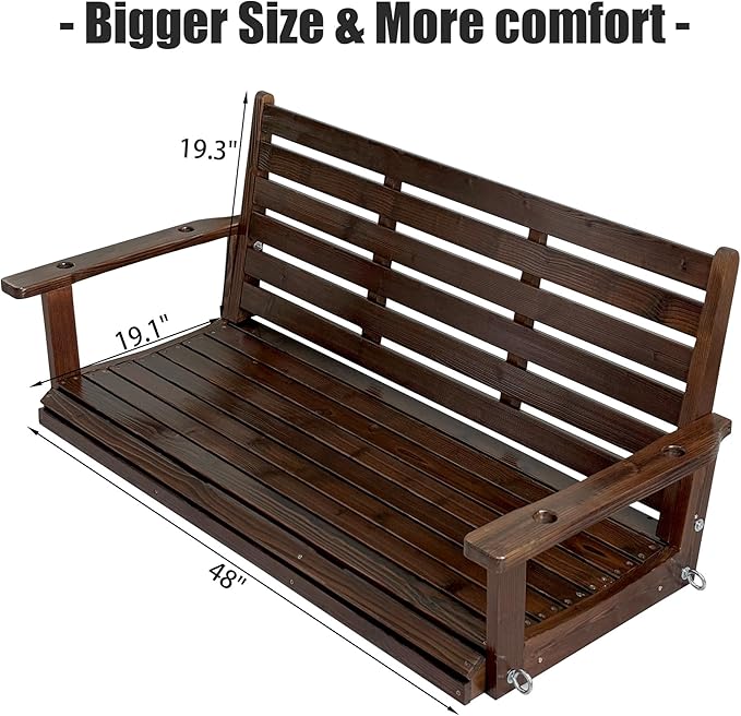 Wooden Porch Swing, Ergonomic Seat, Bench Swing with Hanging Chains and 7mm Springs, Heavy Duty 880 LBS, for Outdoor Patio Garden Yard (Dark Brown, 2-Seater Extra Large)