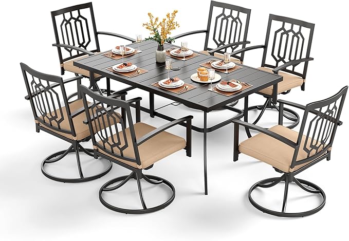 PHI VILLA 7 Pieces Outdoor Dining Set for 6, 59" Rectangular Wrought Iron Table with Umbrella Hole & Swivel Metal Steel Chairs with Cushions, Outside Furniture Set for Patio, Porch, Deck, Backyard