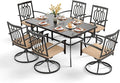 PHI VILLA 7 Pieces Outdoor Dining Set for 6, 59" Rectangular Wrought Iron Table with Umbrella Hole & Swivel Metal Steel Chairs with Cushions, Outside Furniture Set for Patio, Porch, Deck, Backyard