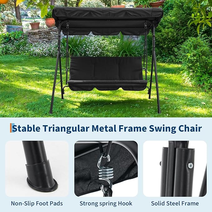 3 Person Porch Swing Chair,Outdoor Patio Swing Chair with Adjustable Canopy and Armrests,Breathable Fabric Seat & Backrest,Outdoor Swing for Backyard, Garden, 600 Lbs Max Load