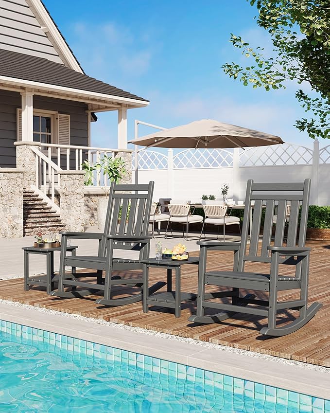 GarveeLife Poly Lumber Rocking Chair Outdoor Set of 2 with Side Table - HDPE High Back Porch Rocker Chairs for Adults - All Weather Resistant Furniture for Patio - Gray