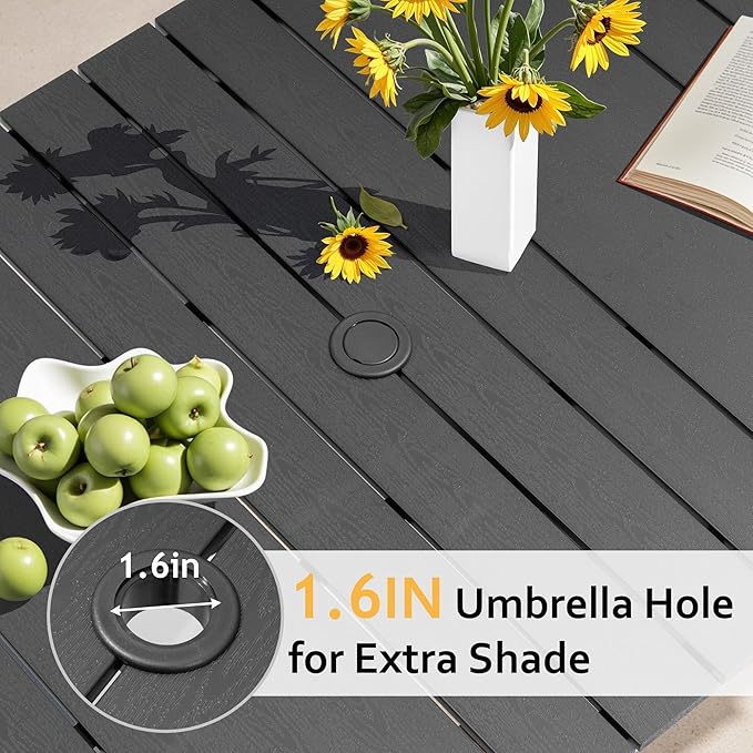 70 Inch Outdoor Patio Dining Table for 6 with Wood-Like Top & Umbrella Hole, Black All-Weather Deck & Backyard Table