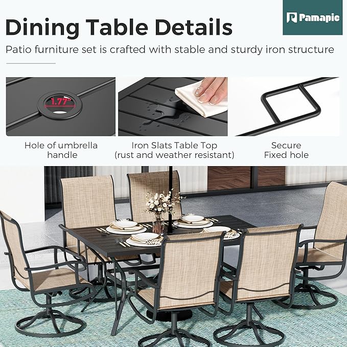 7-Piece Outdoor Dining Set, Patio Furniture Set with Textilene Swivel Chairs,Outdoor Table & 6 Chairs for Garden, Backyard, Poolside, Deck, Beige