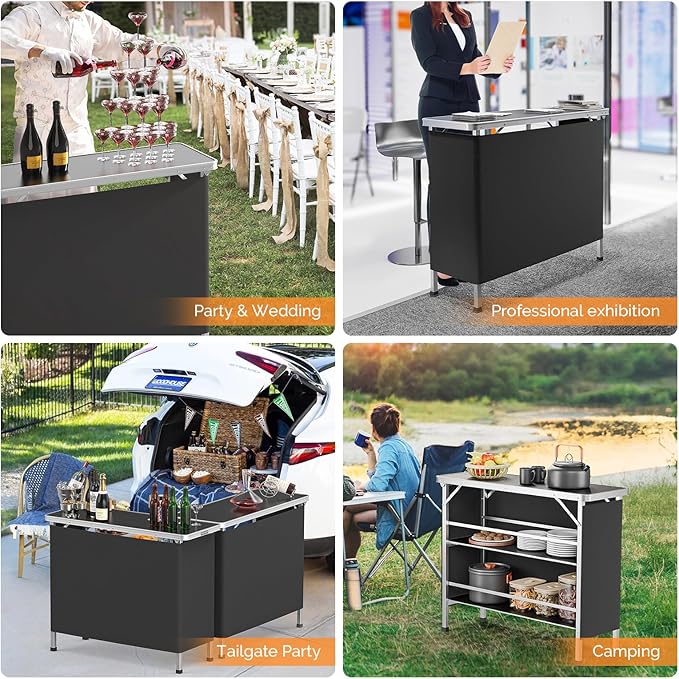 VINGLI 43" Portable Bar Table, 3-Tier Shelves, Mobile Bar Table for Events, Party, Camping, Picnic, Tradeshow, Indoor with Black Skirt (2, 43")