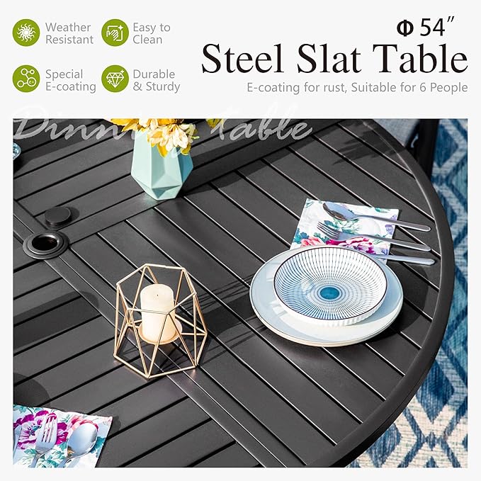 Sophia and William Swivel Patio Dining Set for 6, Outdoor Table and Chairs, Removable Seat Cushions, Black 54" Round Patio Dining Table,Blue