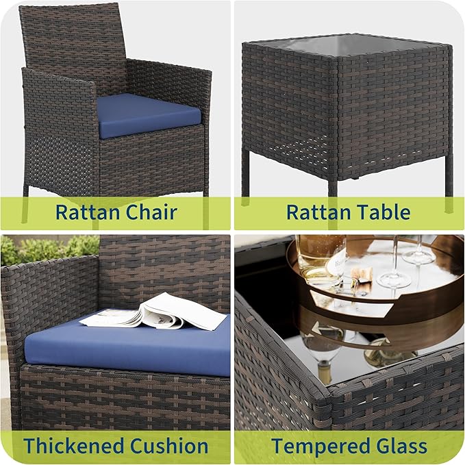 GAOMON 3-Piece Patio Furniture Set, Modern PE Rattan Conversation Set with 2 Chairs & Tempered Glass Coffee Table, All-Weather Outdoor Seating for Garden, Porch, Balcony, Poolside, Brown/Navy Blue