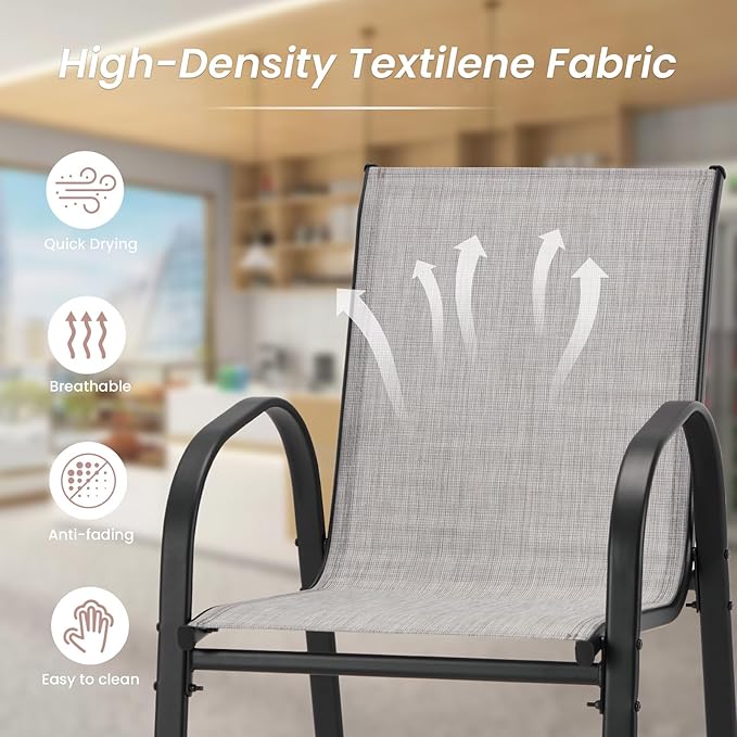 HOMREST Outdoor Bar Height Stools Set of 4,High Back Patio Chairs with Armrests,Textilene Chairs with Breathable Fabric & Metal Frame for All Weather,Light Grey