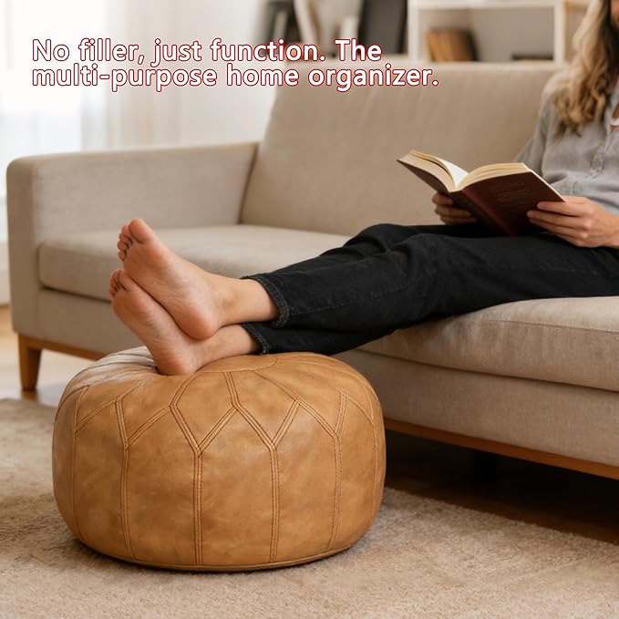 Thgonwid Unstuffed Moroccan Faux Leather Pouf Ottoman with Storage - Handmade Boho Chic Multi-Use Footrest for Living Room, Bedroom, Patio - Round Ethnic Floor Cushion & Decorative Accent, Khaki