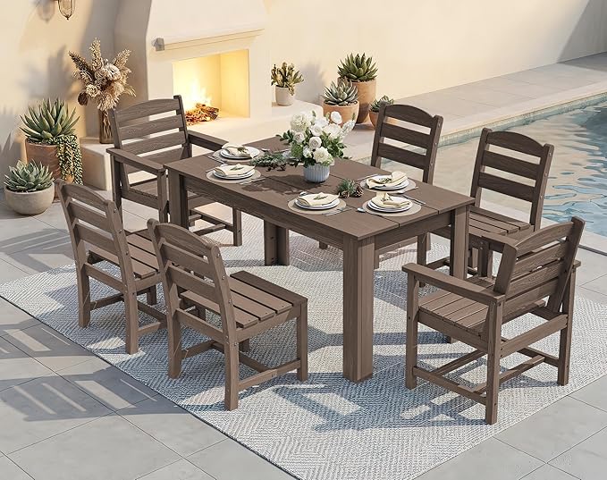 SERWALL Outdoor Dining Sets for 6, HDPE Dining Sets with 1 Umbrella Hole Cut-Out Rectangular Table and 4 Armless Chairs and 2 Armchairs, Patio Dining Sets, Coffee