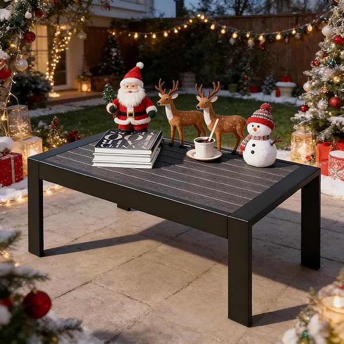 All-Weather Aluminum Outdoor Coffee Table, Modern Coffee Table for Outside, Rectangle Patio Coffee Table for Balcony Garden, Black