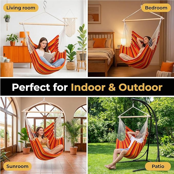 ADVOKAIR Hammock Chair Swing, Heavy-Duty Hanging Rope Swing Seat Supports 500 Lbs, Ideal for Outdoor Patio, Backyard, Porch, Deck & Indoor Bedroom Use