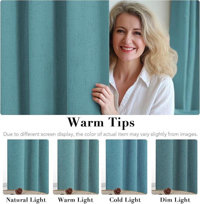 H.VERSAILTEX Linen Blackout Curtains 96 Inches Long 100% Absolutely Blackout Thermal Insulated Textured Linen Look Curtain Draperies Anti-Rust Grommet, Energy Saving with White Liner, 2 Panels, Teal