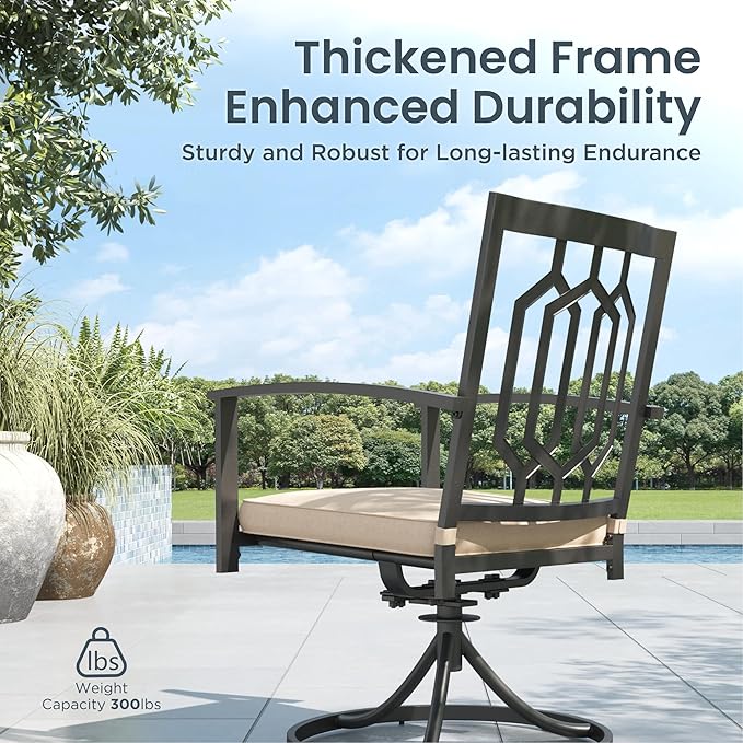 PHI VILLA 7 Pieces Outdoor Dining Set for 6, 60” Black Rectangular Metal Table with Umbrella Hole & Fixed Swivel Chairs Combo, Heavy-Duty Furniture for Patio, Deck, Backyard, Porch
